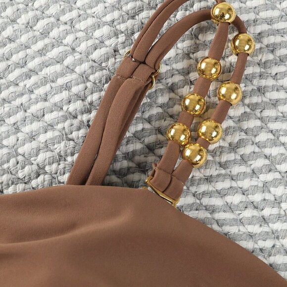 Brown Sexy Women's Colorblock Cut-Out Spaghetti Strap One-Piece Swimsuit - Picture 5 of 6